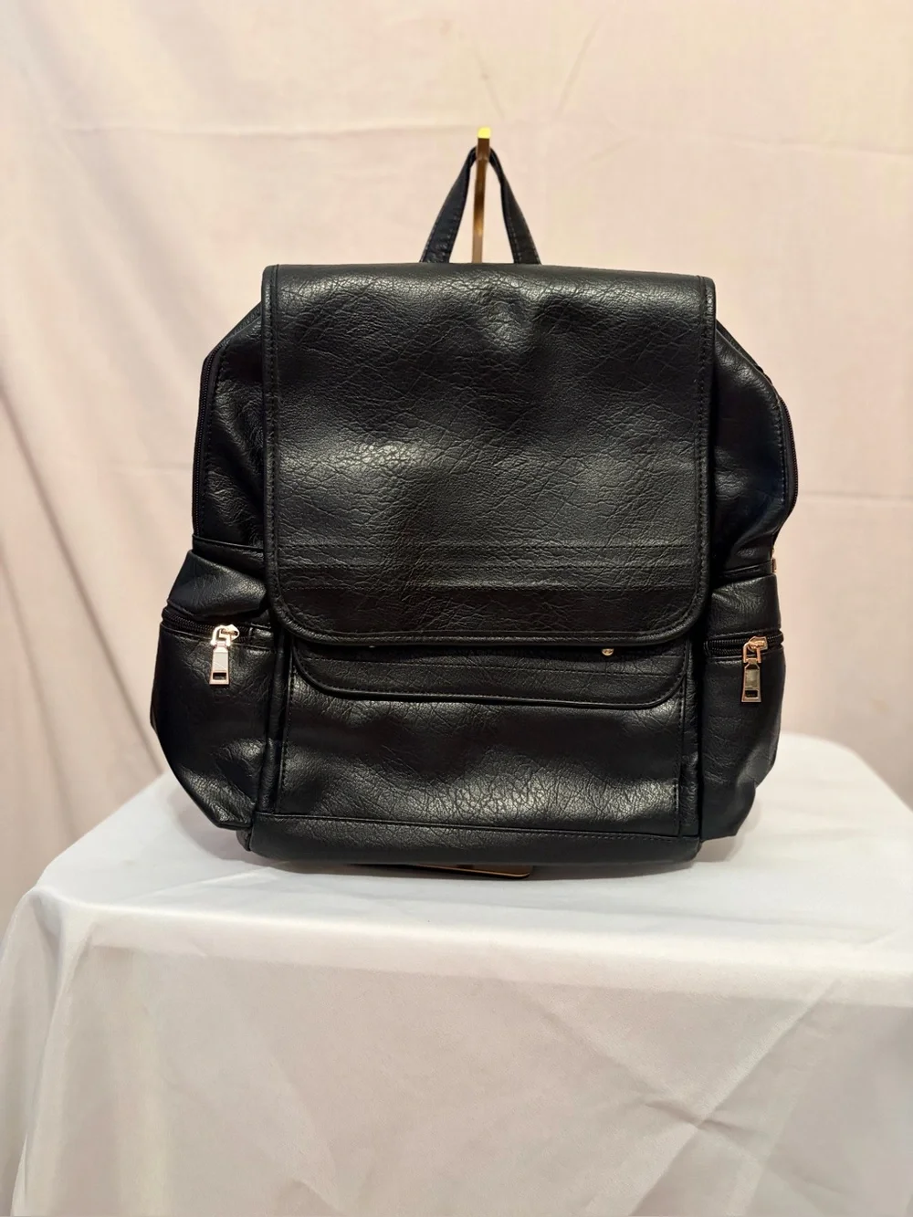 NWT Black Faux Leather Backpack with Front Flap & Zip Side Pockets.